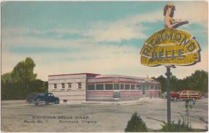 Virginia VA Postcard Rare 1951 RICHMOND BELLE DINER Woody Jeep Roadside Linen