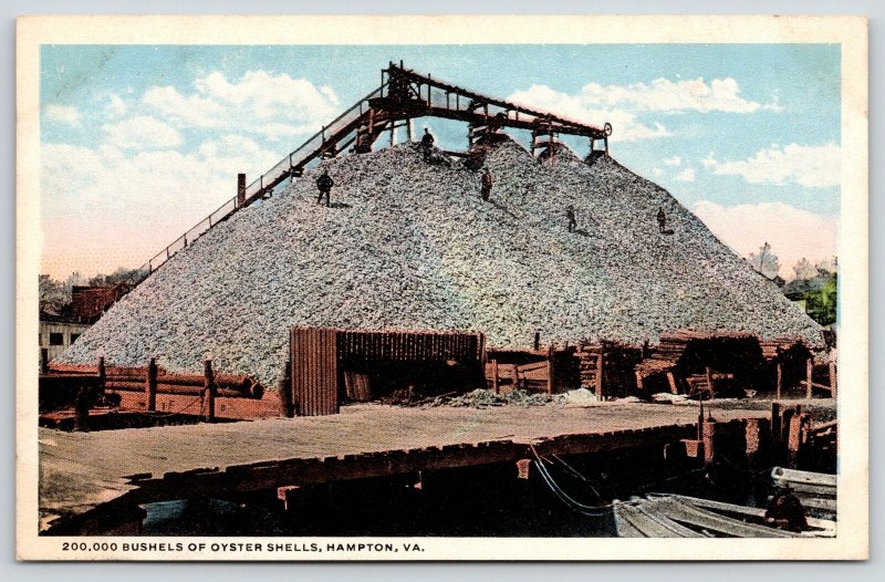 Hampton Virginia~Men Climb on Huge Oyster Shells Pile by Packing Plant~Dock~1915 