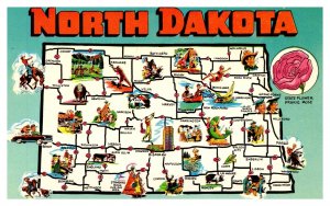 Postcard ND Map - North Dakota pictoral map card with state flower