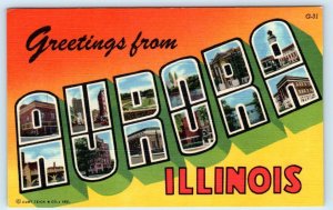 Large Letter Linen AURORA, Illinois IL ~ c1940s Curteich  Postcard