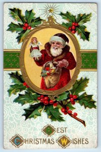 1910 Christmas Santa Claus Doll Toys Holly Berries Embossed Antique Postcard