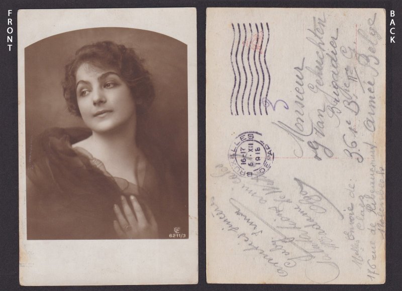 BELGIUM 1916, Postcard, Portrait of a young woman, Fieldpost, Used