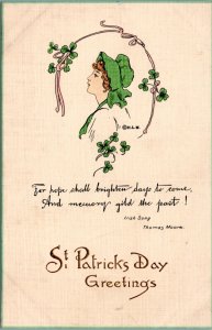 Postcard St. Patrick's Day Greetings Girl portrait Thomas Moore song hand emboss