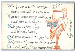 1917 Stork Delivering Baby Girl Message Havre de Grace MD Antique Postcard