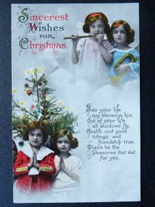 Sincerest Wishes for Christmas CHILDREN PRAYING & PLAYING FLUTE c1916 Postcard
