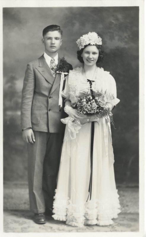 Young Man & Woman, Bride & Groom? ~ Studio Portrait   RPPC c1920s-40s Postcard