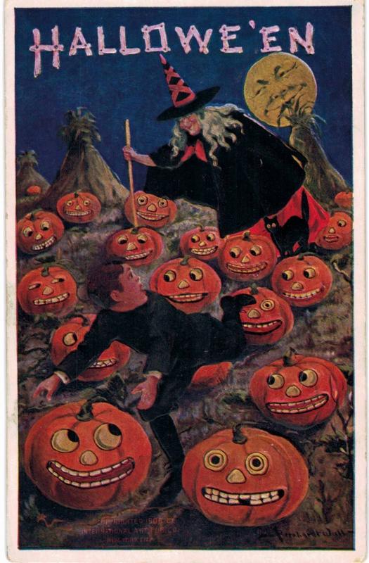 Halloween Bernhardt Running Boy Witch Moon JOLs  1910 Unused 