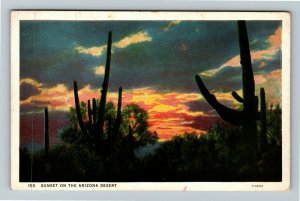 Beautiful Arizona Desert Sunset, Saguaro Cactus, AZ Vintage Postcard