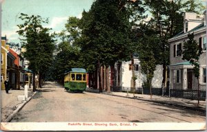 Postcard Radcliffe Street Showing Bank in Bristol, Pennsylvania Trolly Street Ca