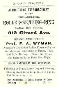 c1880 ROLLER SKATING RINK PHILADELPHIA PROF F.A. WYMAN TRICK AD TRADE CARD P1229