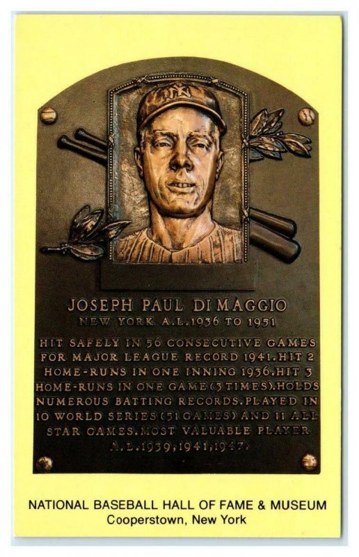 Joltin' Joe ~ JOE DIMAGGIO Hall of Fame Plaque Famous Baseball Player Postcard