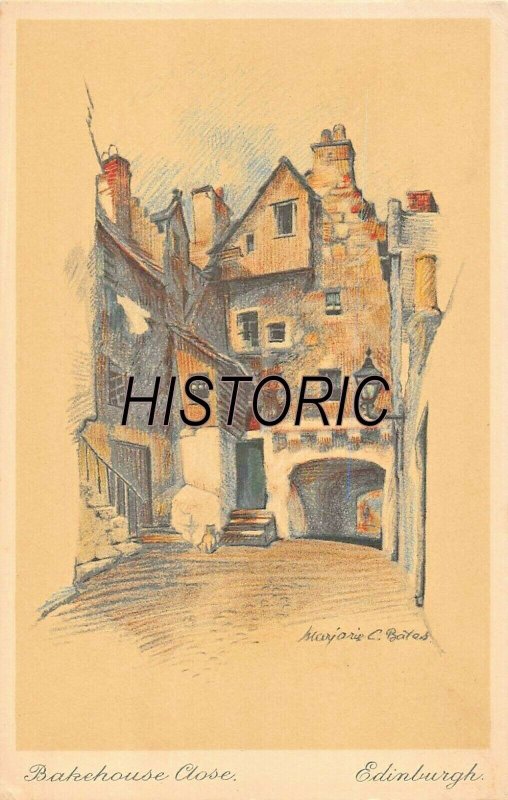 EDINBURGH SCOTLAND~BAKEHOUSE CLOSE~MARJORIE BATES ARTIST DRAWN POSTCARD