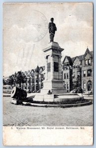 1908 WATSON MONUMENT MT ROYAL AVENUE BALTIMORE MARYLAND ROWHOUSES POSTCARD