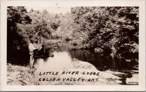 Little River Lodge Golden Valley Ontario ON Fisherman Real Photo Postcard E34