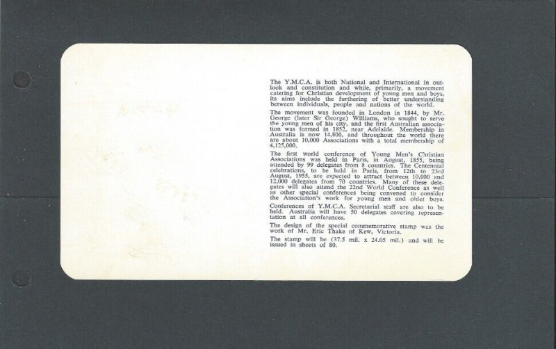 1955 YMCA FDC 100th Anniversary Special Card W/Data On Back