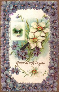 Vintage Postcard 1910's Good Luck To You Violets Boarder Landscape Greetings