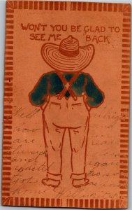 Leather Man Suspenders Hat Glad to See Me Back Vintage Postcard U06