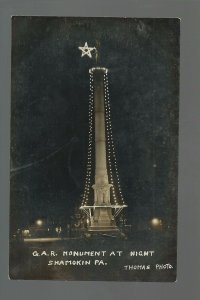 Shamokin PENNSYLVANIA RP 1908 G.A.R. MONUMENT Night ELECTRIC LIGHTS nr Danville