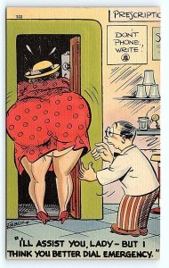 Chubby Woman Stuck in PHONE BOOTH at Pharmacy c1940s Faber Comic Linen Postcard