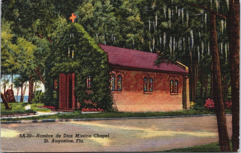 Nombre de Dios Mission Chapel St Augustine Florida Linen Postcard C088