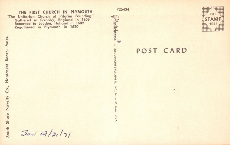 Vintage Postcard The First Unitarian Church of Pilgrim Founding in Plymouth UK