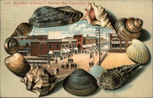 Atlantic City NJ Boardwalk US Weather Map Shell Seashell Border c1910 Postcard