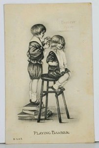 Children Playing Barber, Hare-Cut 1 Cent c1913 to North Adams Mich Postcard J14