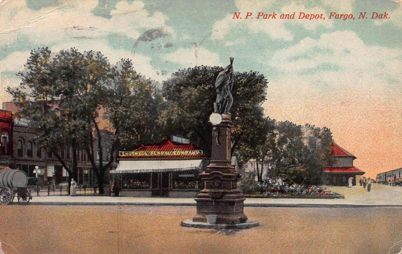 N.P. Park and Depot, Fargo, North Dakota, Early Postcard, Used in 1917