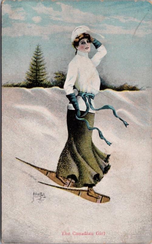 Pretty Woman 'The Canadian Girl' Snowshoeing Snow Alfred Bell Art Postcard E24