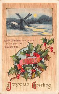 Christmas Xmas Joyous Greeting 1911 Embossed Postcard Windmill Holly