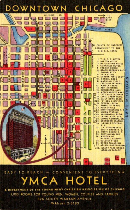 Illinois Chicago Downtown Y M C A Hotel With Map Curteich