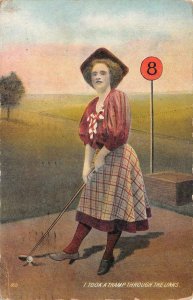 WOMAN GOLF TRAMP THROUGH THE LINKS COMIC POSTCARD 1910