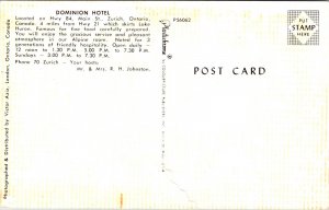 Dominion Hotel Zurich Ontario Canada Postcard VTG UNP Plastichrome Vintage  