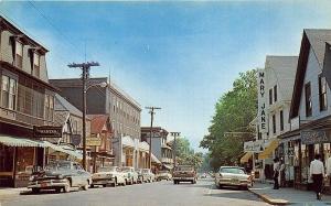 Bar Harbor ME Main Street View Store Fronts Old Cars Postcard