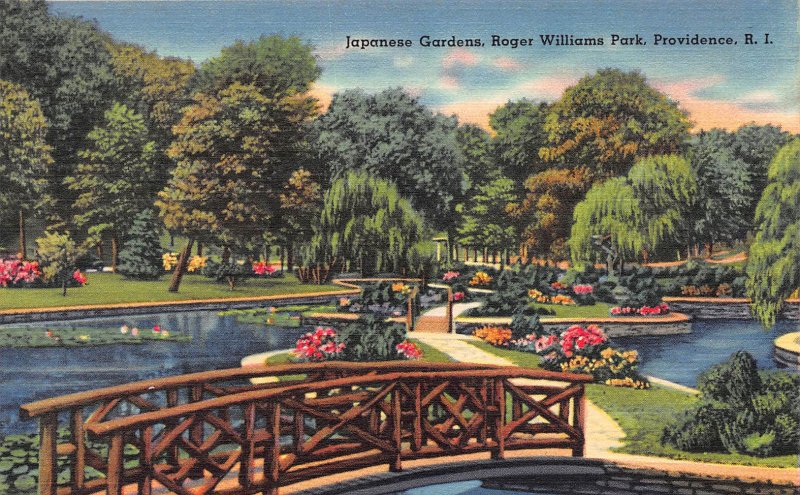 Japanese Gardens, Roger Williams Park, Providence R.I., Early Linen Postcard