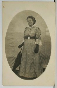 RPPC Older Woman Victorian Dress Gloves Umbrella c1907 Real Photo Postcard M4