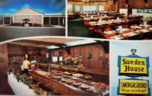 Sweden House Smorgasbord Exterior Interior Buffet Miami Beach FL Ad Postcard 73