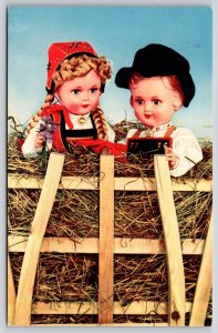 Doll~Girl & Boy W/ Natl Costumes From Hardanger~Printed In Norway~Vtg Postcard