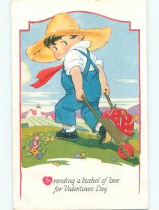 Pre-Linen valentine FARMBOY HARVESTING HEARTS WITH WHEELBARROW J0141