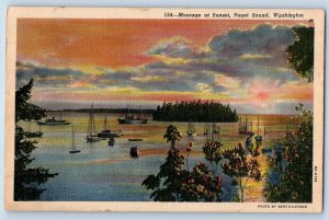 Puget Sound Washington Postcard Moorage Sunset Ship Boat Exterior 1951 Vintage