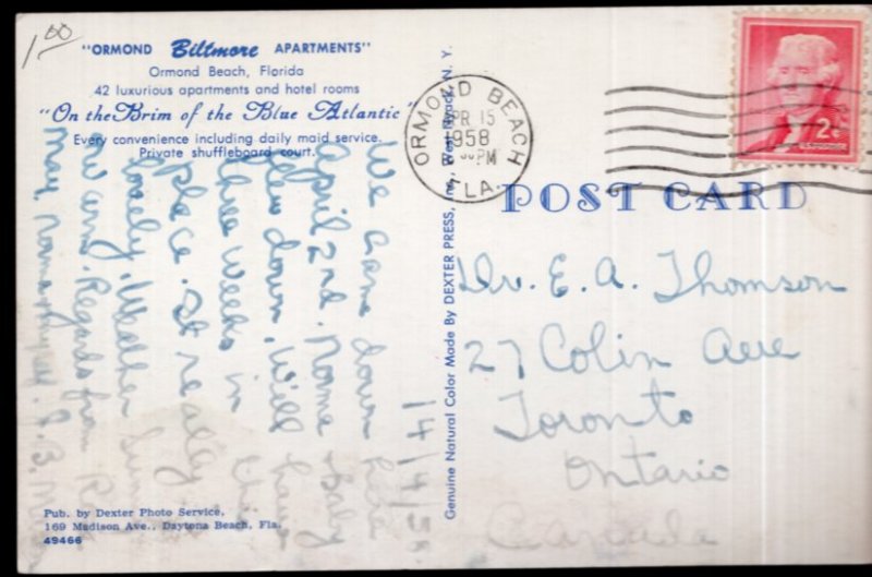 Florida ORMOND BEACH Ormond Biltmore Apartments - pm1958 - Chrome