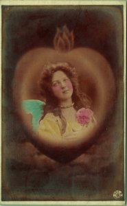 RPPC Pretty Woman with Wings in Heart Biogravure Colorized Real Photo Postcard