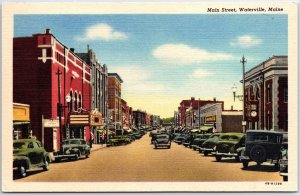 VINTAGE POSTCARD ROWS OF PARKED CARS AND STORES ON MAIN STREET WATERVILLE MAINE