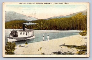 J96/ Priest Lake Idaho Postcard c10 Lookout Mountain Boat Lion Head Bay 291