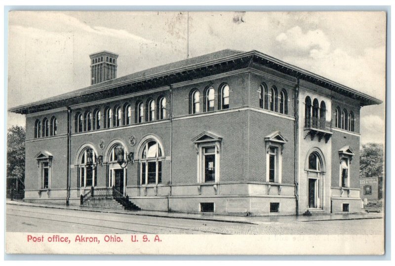 1907 Post Office Building Entrance Akron Ohio OH Posted Antique Postcard