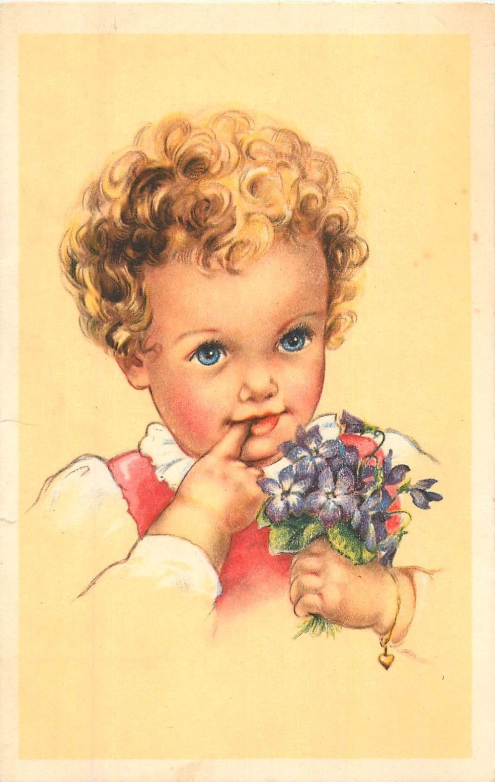 Children Topic Vintage Postcard Charm Blonde Curly Hair Blue Eyes