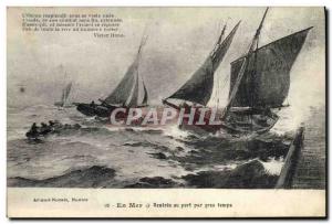 Old Postcard Fishing Rentree sea port in bad weather Boat