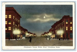 1916 Pittsburg's Great White Way Moon Night Exterior Pittsburg Kansas Postcard