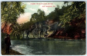 c1910s Des Moines, IA Racoon River Nature Scene Rock Cliff Man on Shore PC A273