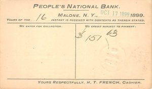 People's National Bank Malone, New York, USA Postal Cards, Late 1800's 1899 